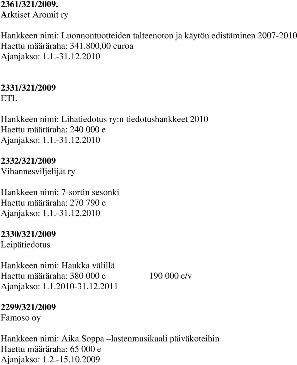 Vihannesviljelijät ry Hankkeen nimi: 7-sortin sesonki Haettu määräraha: 270 790 e 2330/321/2009 Leipätiedotus Hankkeen nimi: Haukka välillä