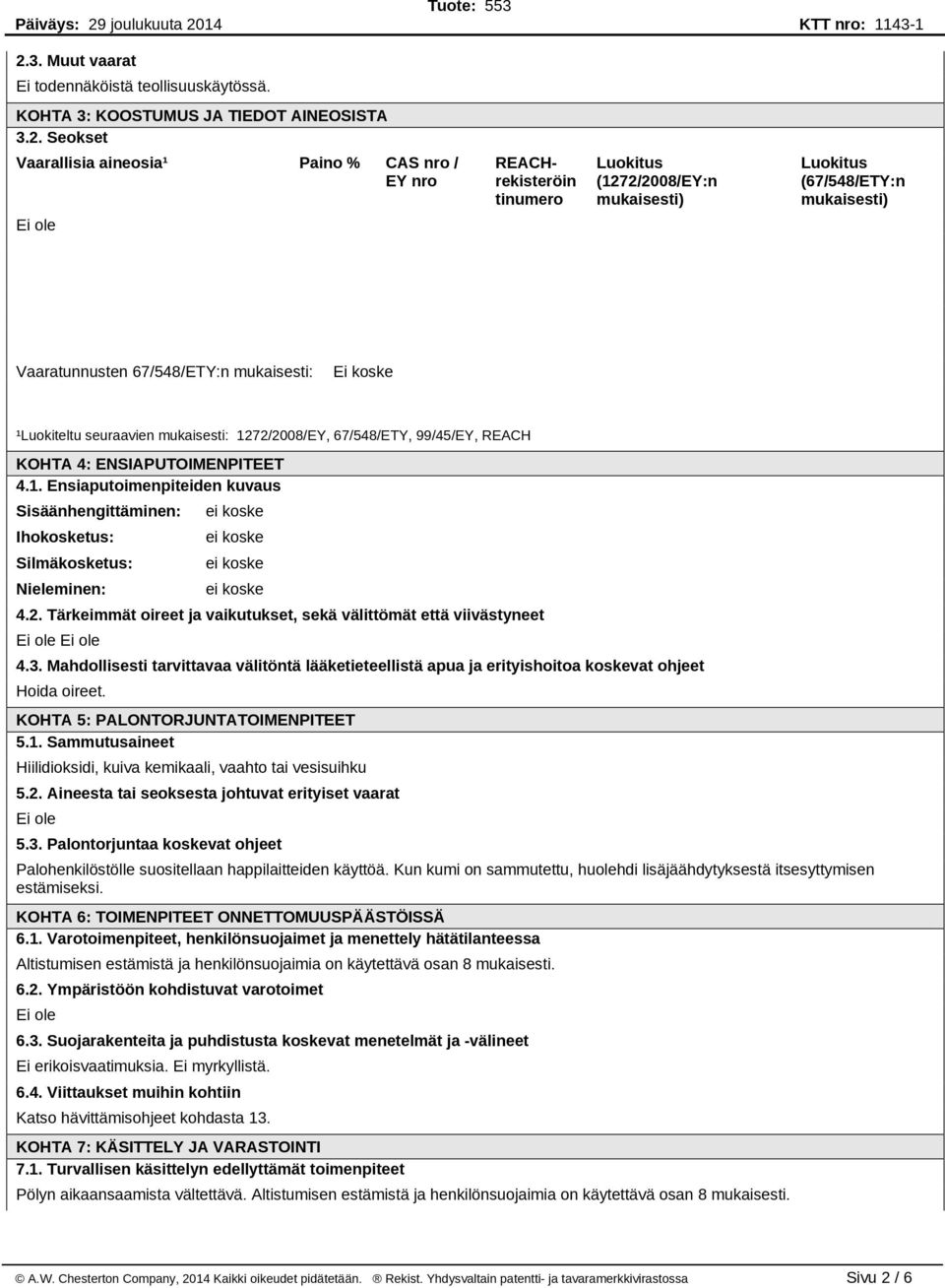 ENSIAPUTOIMENPITEET 4.1. Ensiaputoimenpiteiden kuvaus Sisäänhengittäminen: Ihokosketus: Silmäkosketus: Nieleminen: 4.2. Tärkeimmät oireet ja vaikutukset, sekä välittömät että viivästyneet 4.3.