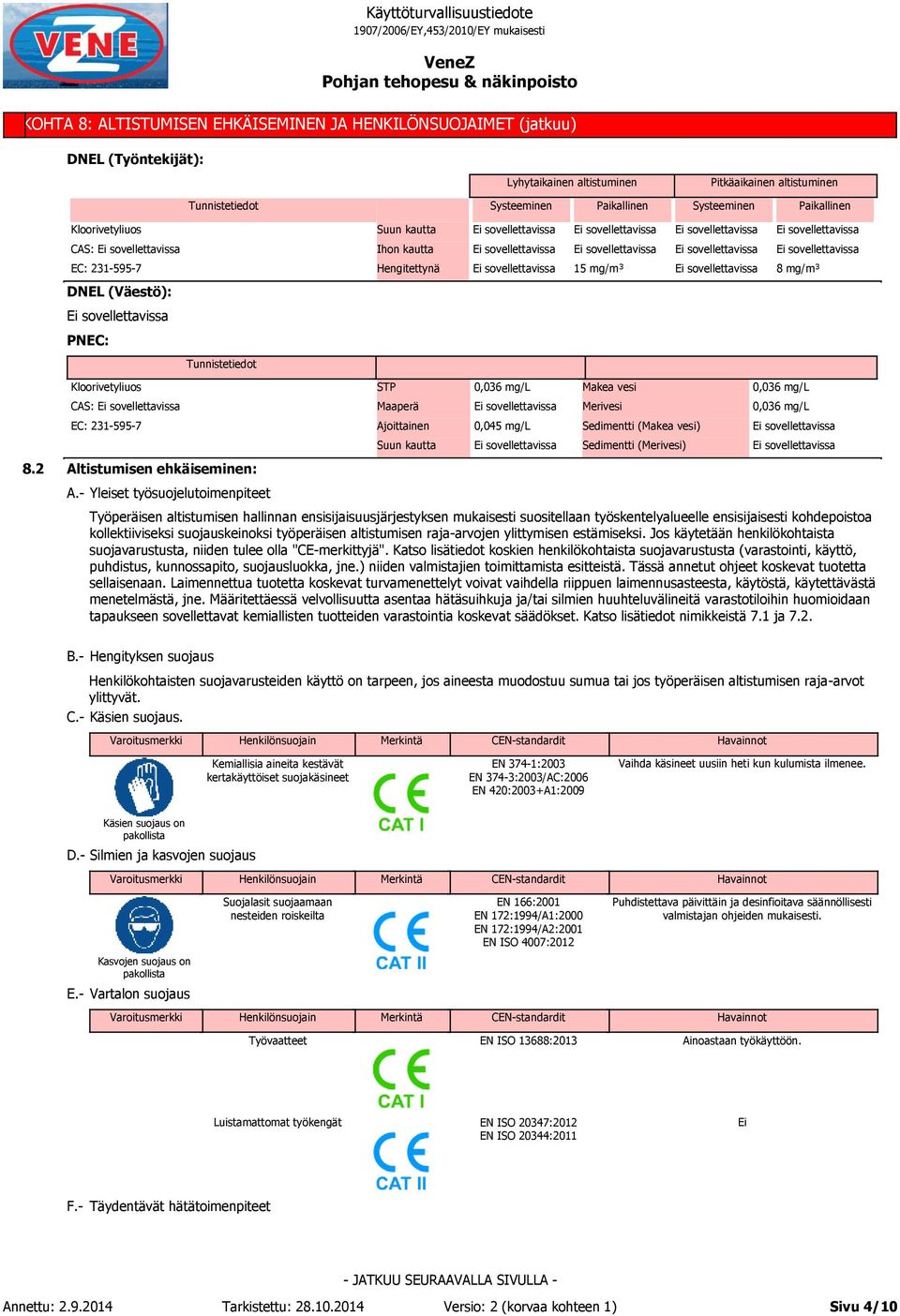 2 Kloorivetyliuos CAS: EC: 231-595-7 Altistumisen ehkäiseminen: A.