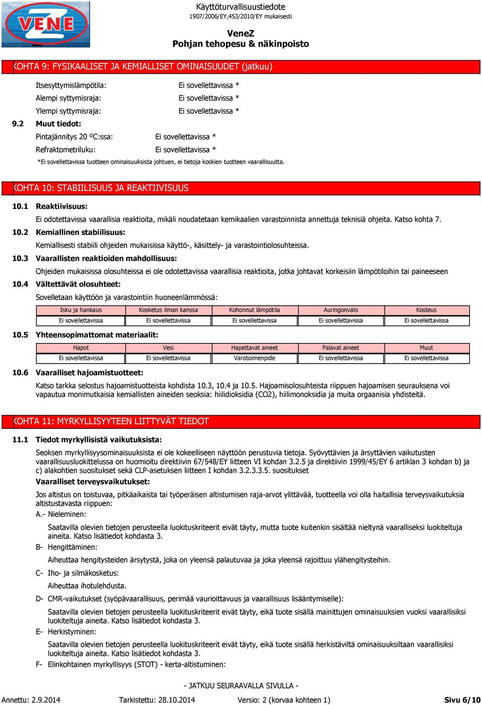 vaarallisuutta. KOHTA 10: STABIILISUUS JA REAKTIIVISUUS 10.1 10.2 10.3 10.
