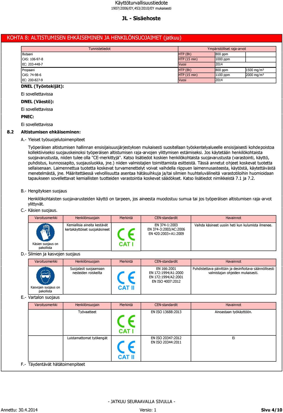 - Yleiset työsuojelutoimenpiteet Tunnistetiedot HTP (8h) HTP (15 min) Vuosi HTP (8h) HTP (15 min) Vuosi Ympäristölliset raja-arvot 800 ppm 1000 ppm 2014 800 ppm 1100 ppm 2014 1500 mg/m³ 2000 mg/m³