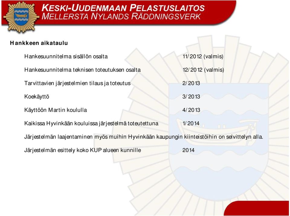 Martin koululla 4/2013 Kaikissa Hyvinkään kouluissa järjestelmä toteutettuna 1/2014 Järjestelmän