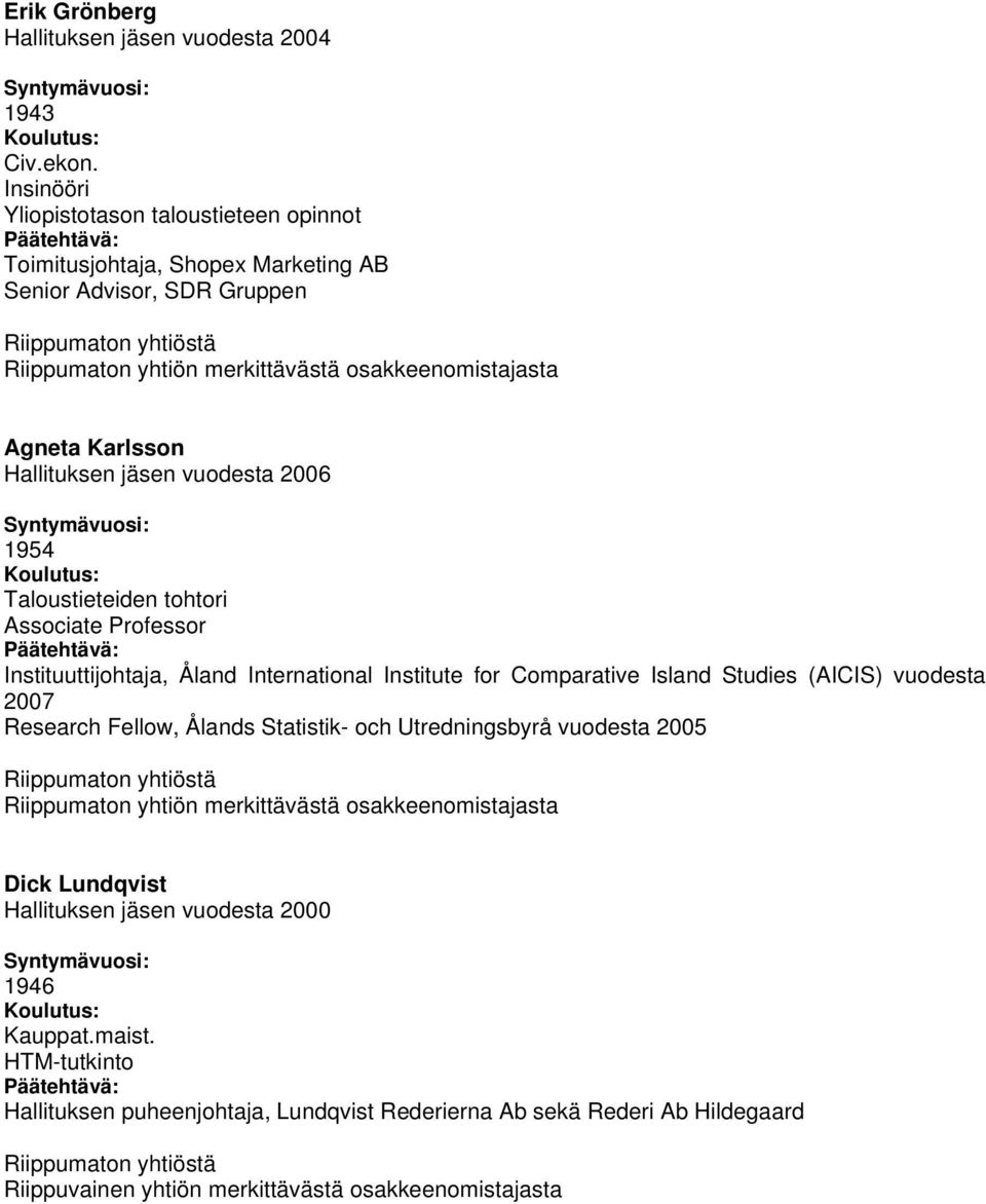 vuodesta 2006 1954 Taloustieteiden tohtori Associate Professor Instituuttijohtaja, Åland International Institute for Comparative Island Studies