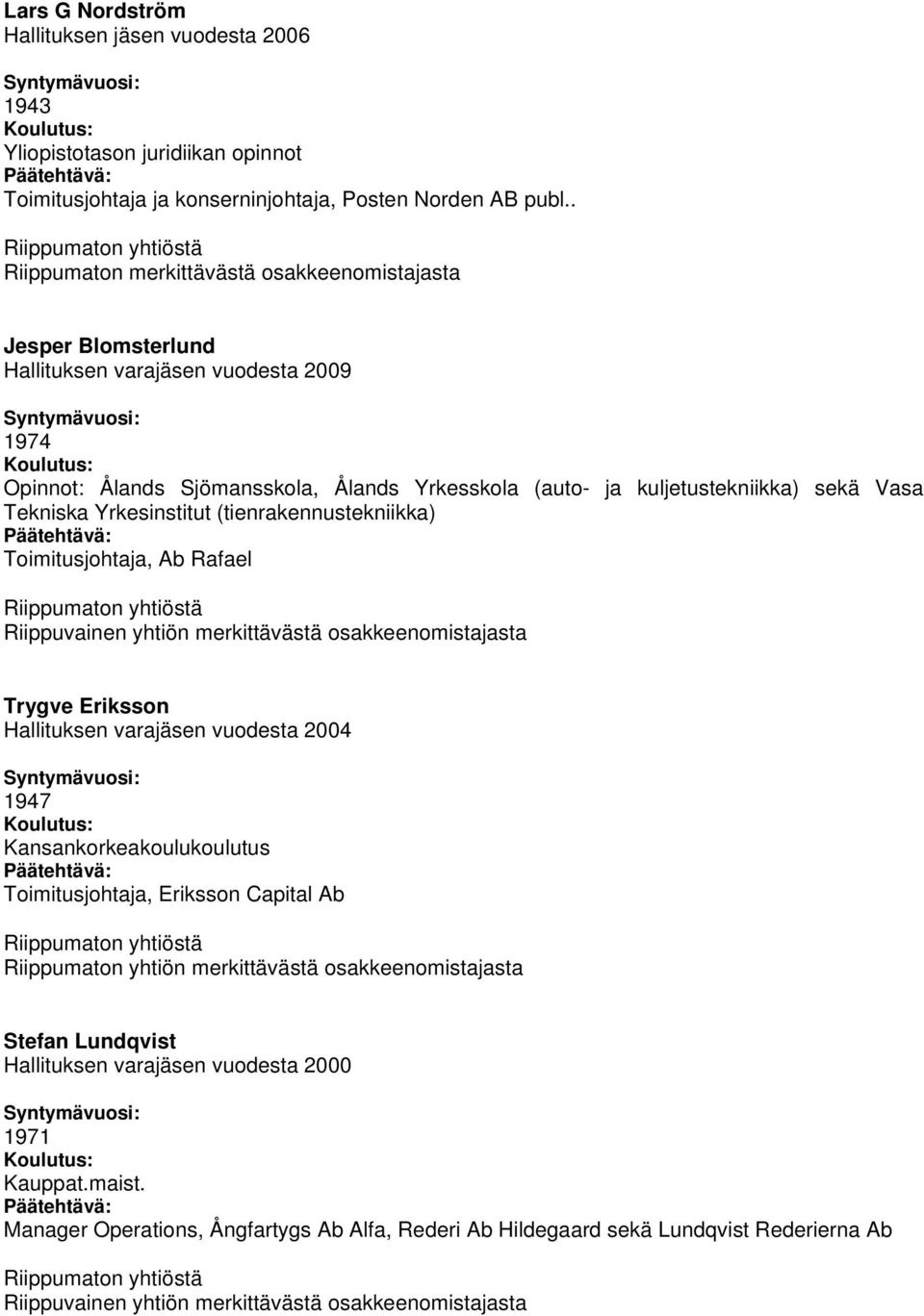 kuljetustekniikka) sekä Vasa Tekniska Yrkesinstitut (tienrakennustekniikka) Toimitusjohtaja, Ab Rafael Trygve Eriksson Hallituksen varajäsen vuodesta 2004 1947