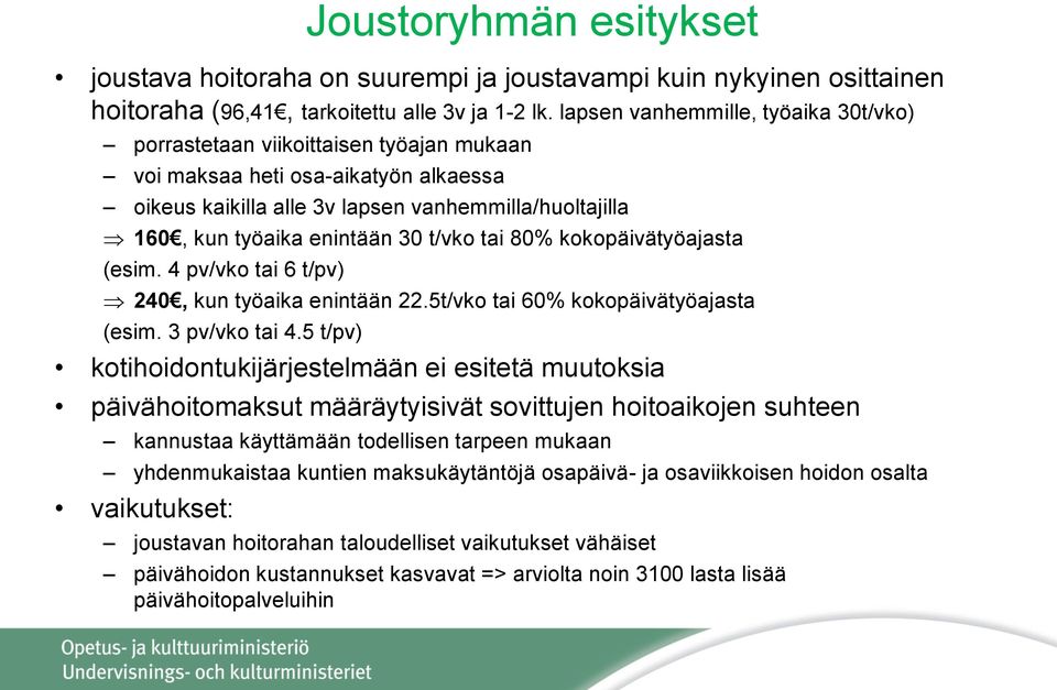 30 t/vko tai 80% kokopäivätyöajasta (esim. 4 pv/vko tai 6 t/pv) 240, kun työaika enintään 22.5t/vko tai 60% kokopäivätyöajasta (esim. 3 pv/vko tai 4.