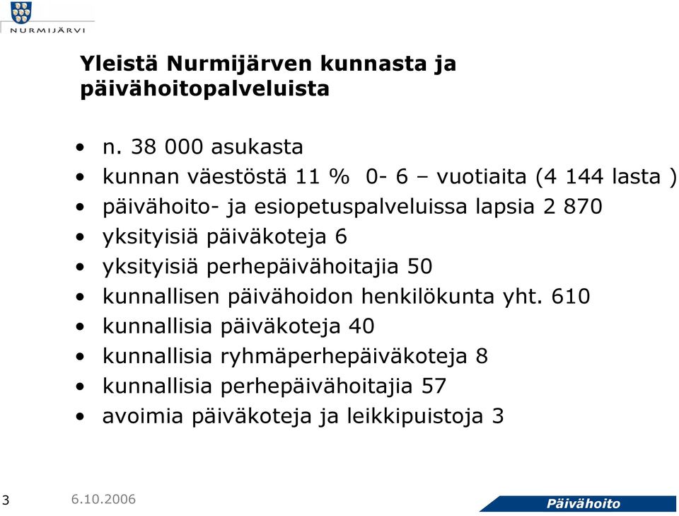 lapsia 2 870 yksityisiä päiväkoteja 6 yksityisiä perhepäivähoitajia 50 kunnallisen päivähoidon