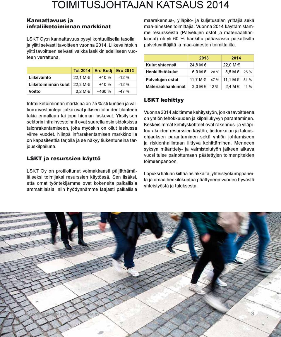 Tot 2014 Ero Budj Ero 2013 Liikevaihto 22,1 M +10 % -12 % Liiketoiminnan kulut 22,3 M +10 % -12 % Voitto 0,2 M +460 % -47 % Infraliiketoiminnan markkina on 75 %:sti kuntien ja valtion investointeja,