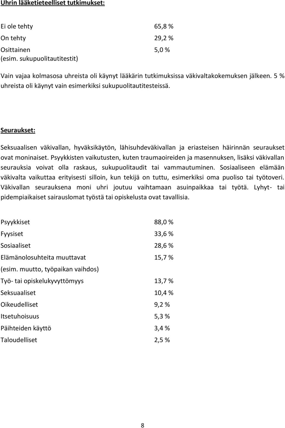 Seuraukset: Seksuaalisen väkivallan, hyväksikäytön, lähisuhdeväkivallan ja eriasteisen häirinnän seuraukset ovat moninaiset.