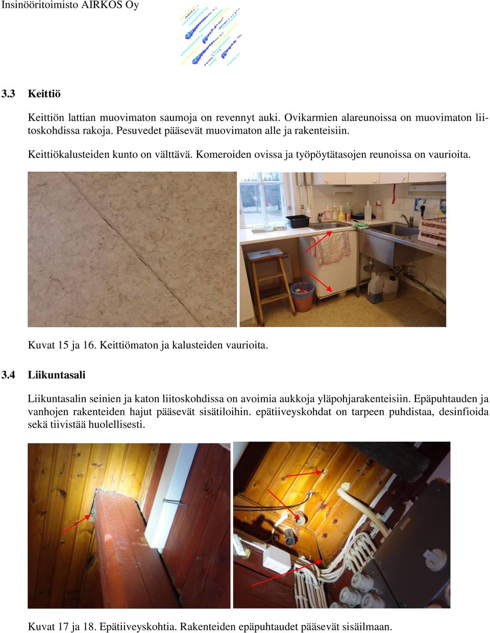 Keittiömaton ja kalusteiden vaurioita. 3.4 Liikuntasali Liikuntasalin seinien ja katon liitoskohdissa on avoimia aukkoja yläpohjarakenteisiin.