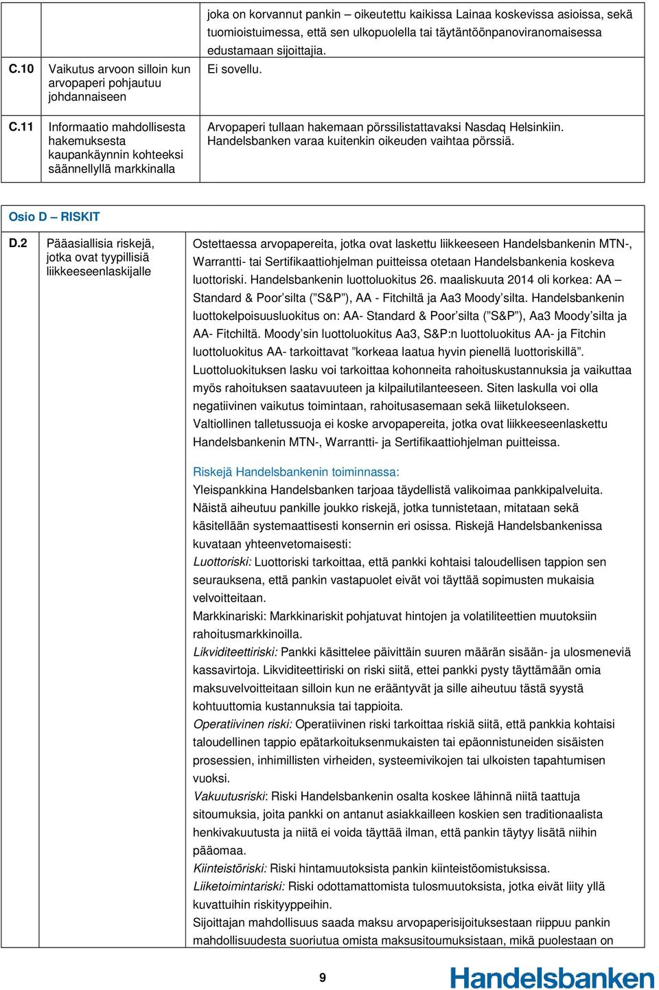 ulkopuolella tai täytäntöönpanoviranomaisessa edustamaan sijoittajia. Ei sovellu. Arvopaperi tullaan hakemaan pörssilistattavaksi Nasdaq Helsinkiin.