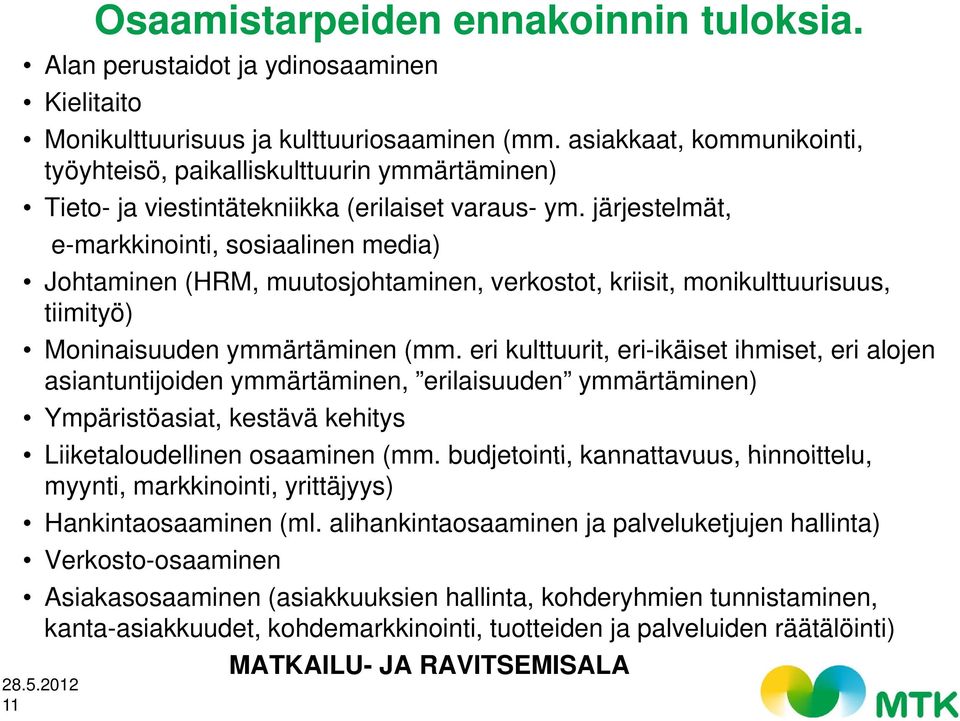 järjestelmät, e-markkinointi, sosiaalinen media) Johtaminen (HRM, muutosjohtaminen, verkostot, kriisit, monikulttuurisuus, tiimityö) Moninaisuuden ymmärtäminen (mm.