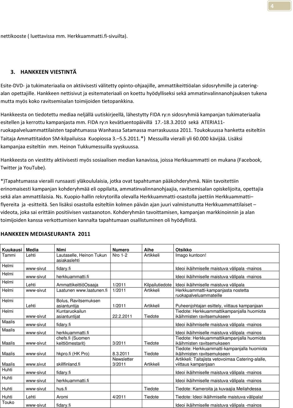 fi 1/2011 Artikkeli Herkkuammatti-kampanjasta nostetta ruokapalveluammateille Lehti Bolus, Ravitsemuksen asiantuntija 1/2011 Artikkeli Puheenjohtajan esittely, viittaus kampanjaan www-sivut