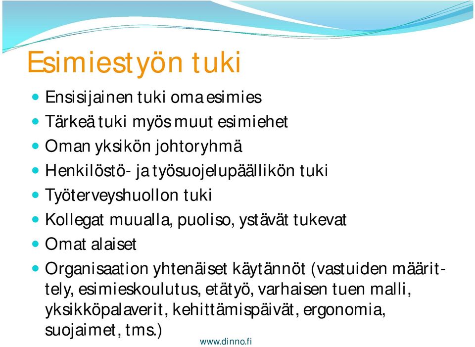 ystävät tukevat Omat alaiset Organisaation yhtenäiset käytännöt (vastuiden määrittely,