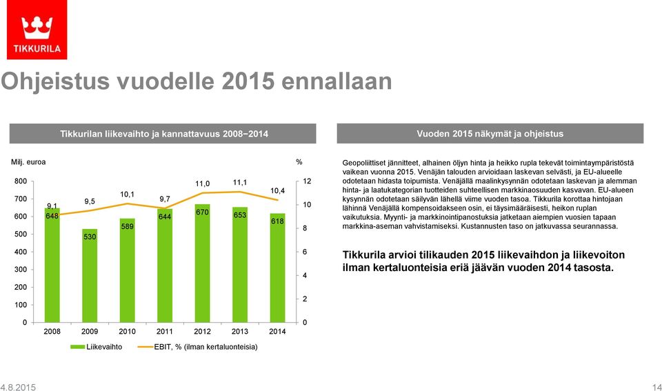 2015. Venäjän talouden arvioidaan laskevan selvästi, ja EU-alueelle odotetaan hidasta toipumista.