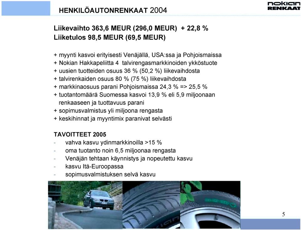 % + tuotantomäärä Suomessa kasvoi 13,9 % eli 5,9 miljoonaan renkaaseen ja tuottavuus parani + sopimusvalmistus yli miljoona rengasta + keskihinnat ja myyntimix paranivat selvästi TAVOITTEET