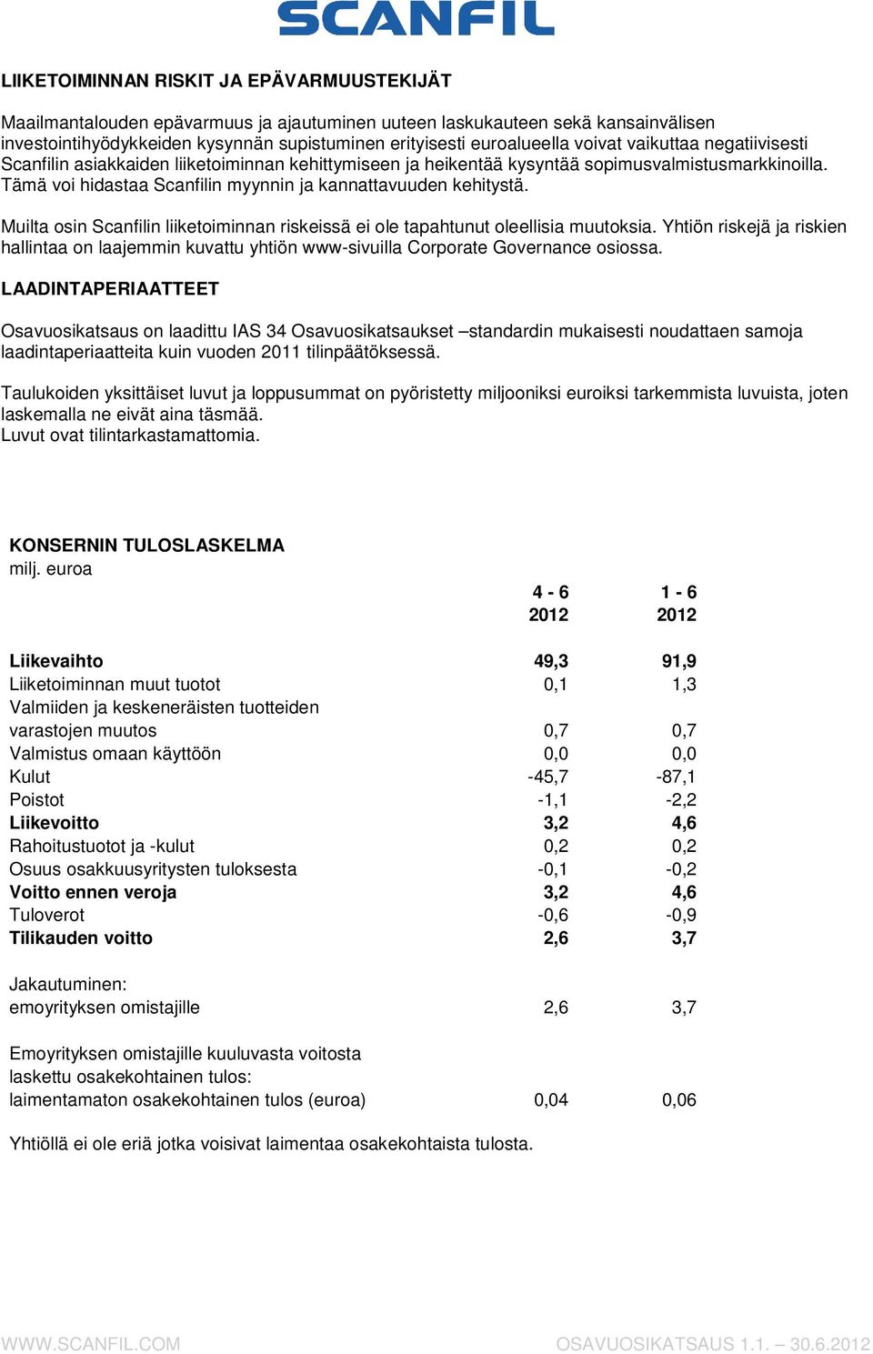 Muilta osin Scanfilin liiketoiminnan riskeissä ei ole tapahtunut oleellisia muutoksia. Yhtiön riskejä ja riskien hallintaa on laajemmin kuvattu yhtiön www-sivuilla Corporate Governance osiossa.