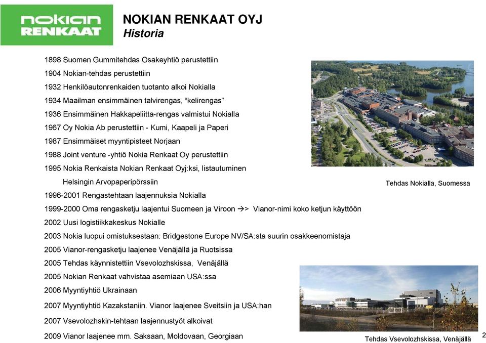 Renkaat Oy perustettiin 1995 Nokia Renkaista Nokian Renkaat Oyj:ksi, listautuminen Helsingin Arvopaperipörssiin 1996-2001 Rengastehtaan laajennuksia Nokialla 1999-2000 Oma rengasketju laajentui