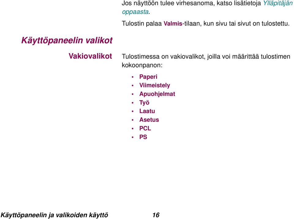 Käyttöpaneelin valikot Vakiovalikot Tulostimessa on vakiovalikot, joilla voi