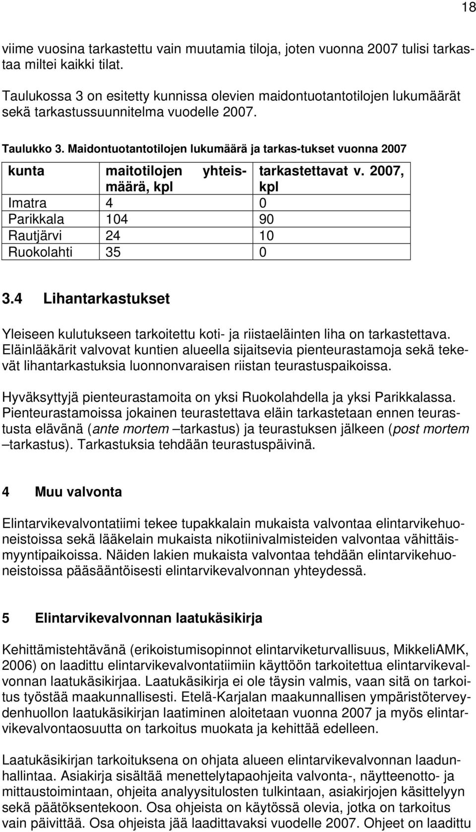 Maidontuotantotilojen lukumäärä ja tarkas-tukset vuonna 2007 kunta maitotilojen yhteismäärä, tarkastettavat v. 2007, kpl kpl Imatra 4 0 Parikkala 104 90 Rautjärvi 24 10 Ruokolahti 35 0 3.