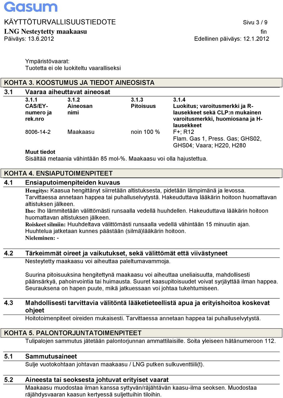 nro varoitusmerkki, huomiosana ja H- lausekkeet 8006-14-2 Maakaasu noin 100 % F+; R12 Flam. Gas 1, Press. Gas; GHS02, GHS04; Vaara; H220, H280 Muut tiedot Sisältää metaania vähintään 85 mol-%.