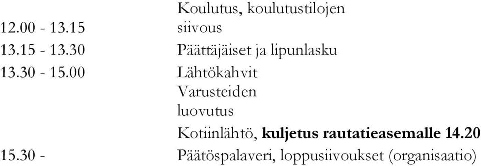 00 Lähtökahvit Varusteiden luovutus Kotiinlähtö, kuljetus