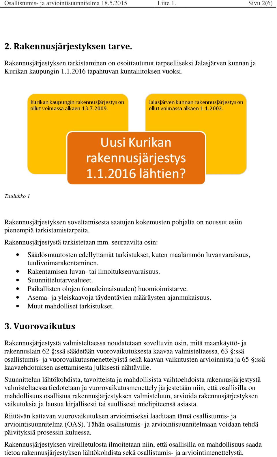 Taulukko 1 Rakennusjärjestyksen soveltamisesta saatujen kokemusten pohjalta on noussut esiin pienempiä tarkistamistarpeita. Rakennusjärjestystä tarkistetaan mm.