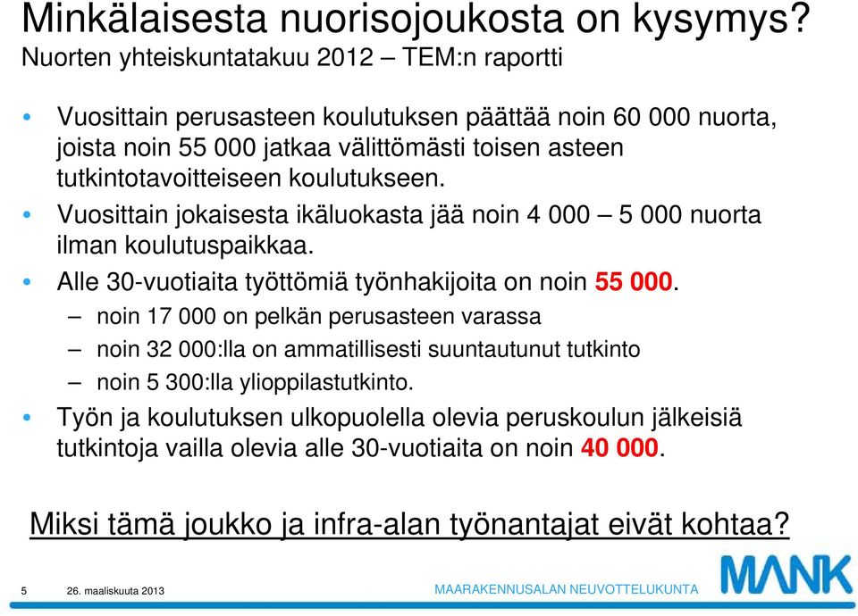 koulutukseen. Vuosittain jokaisesta ikäluokasta jää noin 4 000 5 000 nuorta ilman koulutuspaikkaa. Alle 30-vuotiaita työttömiä työnhakijoita on noin 55 000.