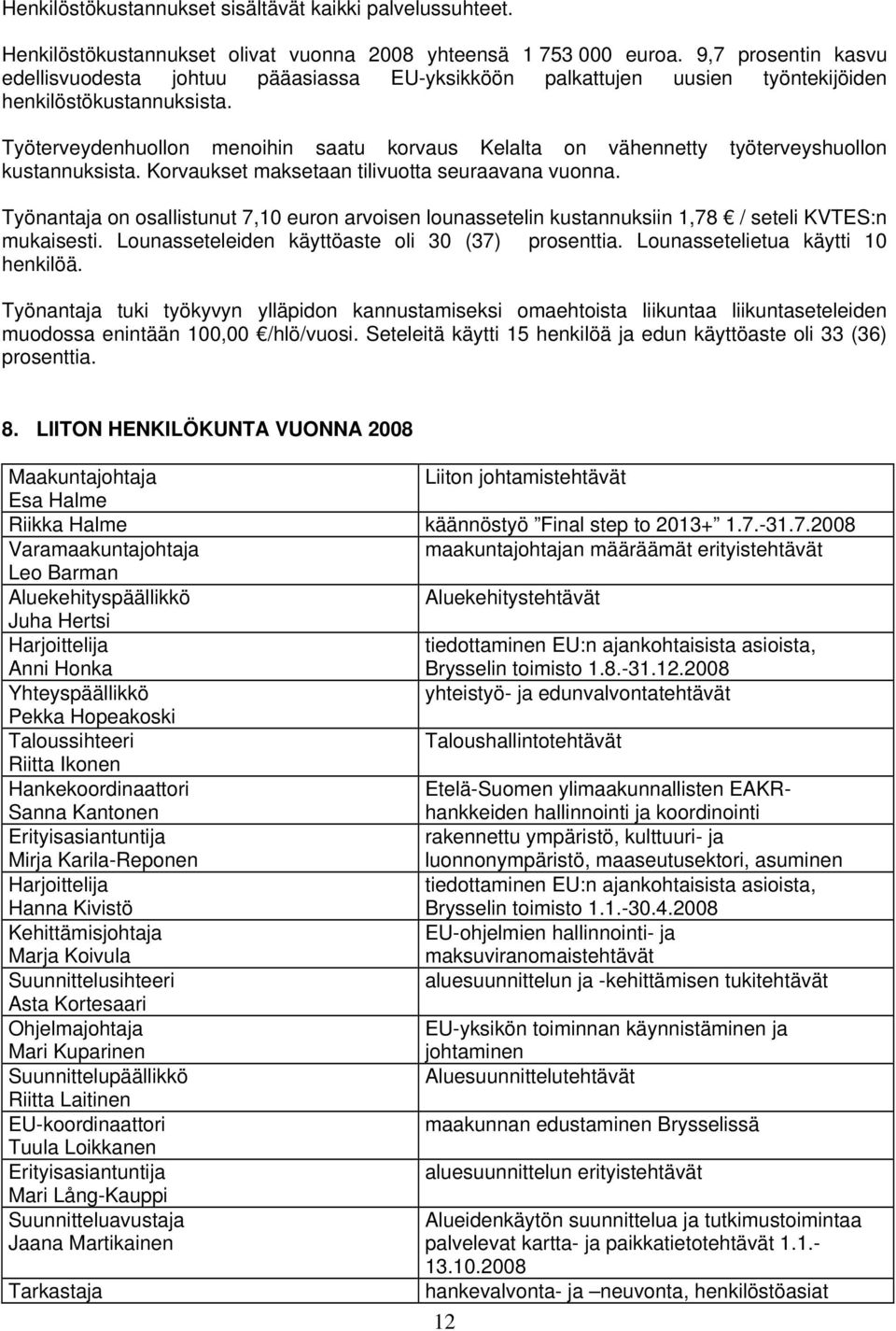 Työterveydenhuollon menoihin saatu korvaus Kelalta on vähennetty työterveyshuollon kustannuksista. Korvaukset maksetaan tilivuotta seuraavana vuonna.