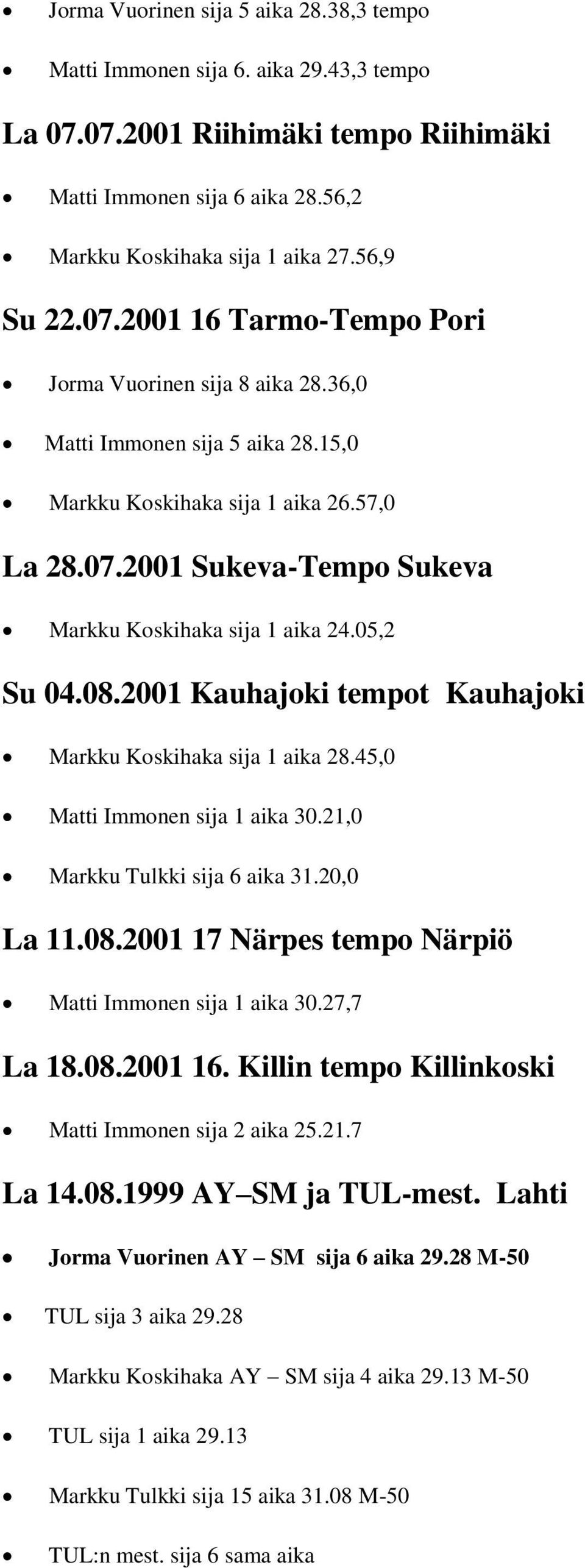 05,2 Su 04.08.2001 Kauhajoki tempot Kauhajoki Markku Koskihaka sija 1 aika 28.45,0 Matti Immonen sija 1 aika 30.21,0 Markku Tulkki sija 6 aika 31.20,0 La 11.08.2001 17 Närpes tempo Närpiö Matti Immonen sija 1 aika 30.