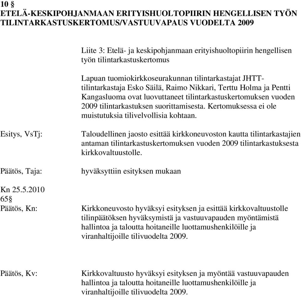 vuoden 2009 tilintarkastuksen suorittamisesta. Kertomuksessa ei ole muistutuksia tilivelvollisia kohtaan. Esitys, VsTj: Kn 25.