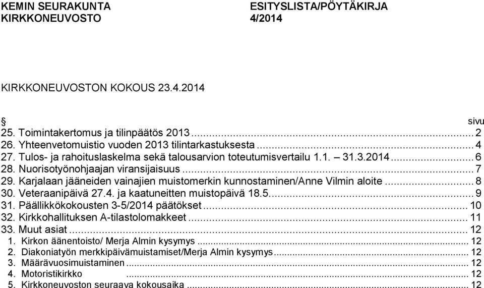 Karjalaan jääneiden vainajien muistomerkin kunnostaminen/anne Vilmin aloite... 8 30. Veteraanipäivä 27.4. ja kaatuneitten muistopäivä 18.5.... 9 31. Päällikkökokousten 3-5/2014 päätökset... 10 32.