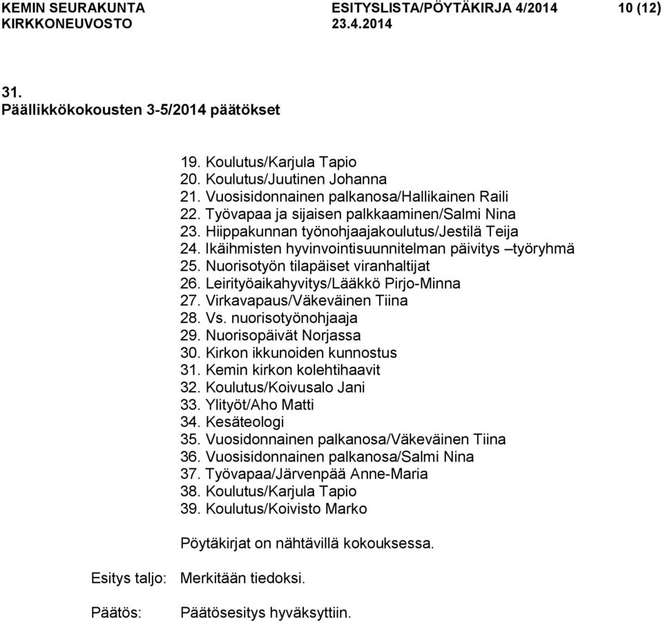 Ikäihmisten hyvinvointisuunnitelman päivitys työryhmä 25. Nuorisotyön tilapäiset viranhaltijat 26. Leirityöaikahyvitys/Lääkkö Pirjo-Minna 27. Virkavapaus/Väkeväinen Tiina 28. Vs.