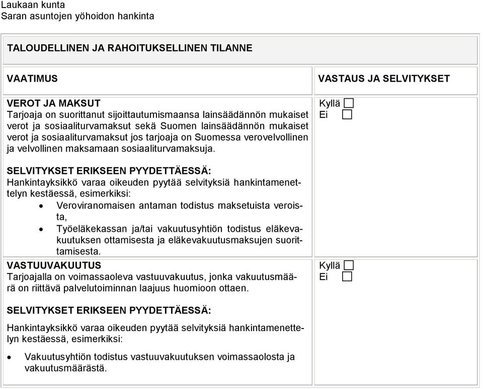 SELVITYKSET ERIKSEEN PYYDETTÄESSÄ: Hankintayksikkö varaa oikeuden pyytää selvityksiä hankintamenettelyn kestäessä, esimerkiksi: Veroviranomaisen antaman todistus maksetuista veroista, Työeläkekassan