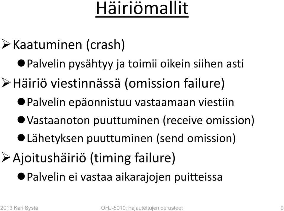 puuttuminen (receive omission) Lähetyksen puuttuminen (send omission) Ajoitushäiriö (timing