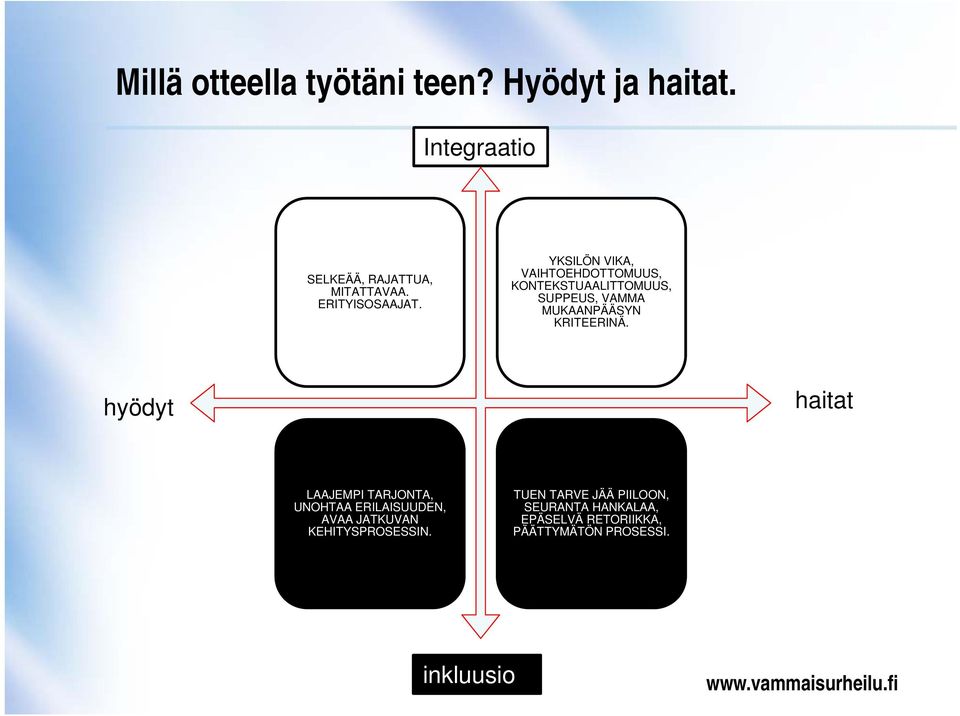 YKSILÖN VIKA, VAIHTOEHDOTTOMUUS, KONTEKSTUAALITTOMUUS, SUPPEUS, VAMMA MUKAANPÄÄSYN KRITEERINÄ.