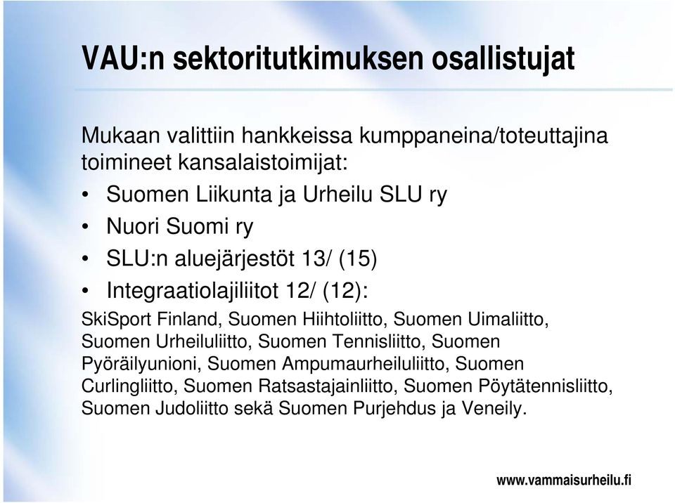 Suomen Hiihtoliitto, Suomen Uimaliitto, Suomen Urheiluliitto, Suomen Tennisliitto, Suomen Pyöräilyunioni, Suomen