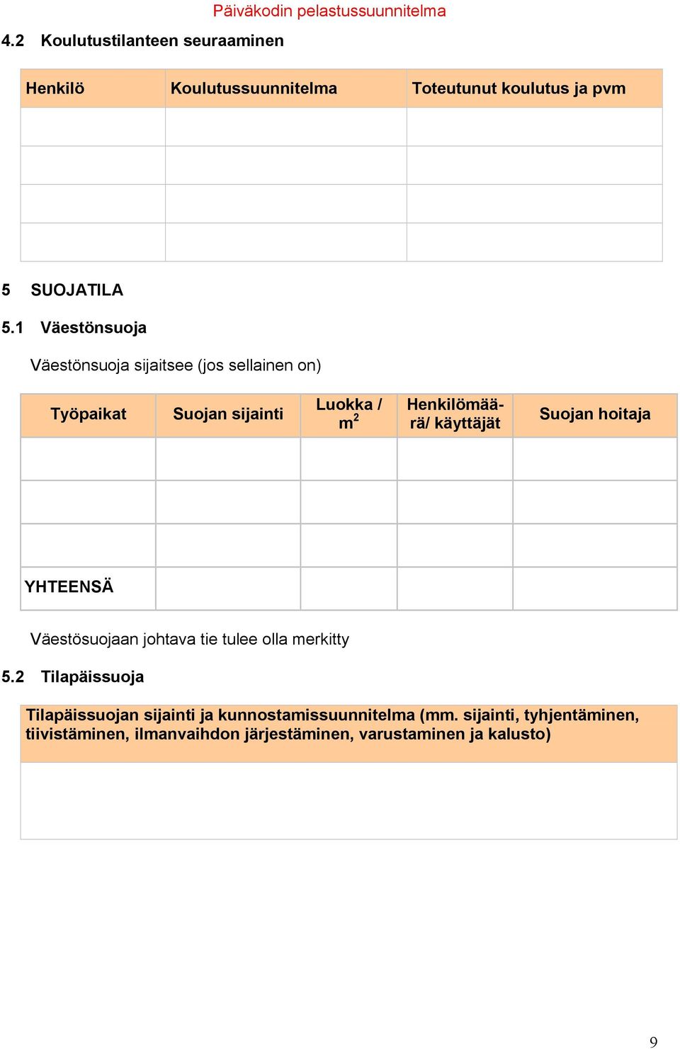 1 Väestönsuoja Väestönsuoja sijaitsee (jos sellainen on) Työpaikat Suojan sijainti Luokka / m 2 Henkilömäärä/ käyttäjät
