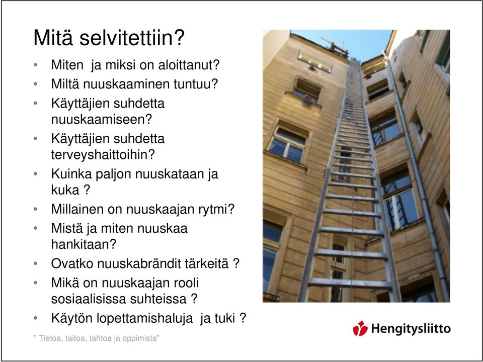 Kuinka paljon nuuskataan ja kuka? Millainen on nuuskaajan rytmi? Mistä ja miten nuuskaa hankitaan?