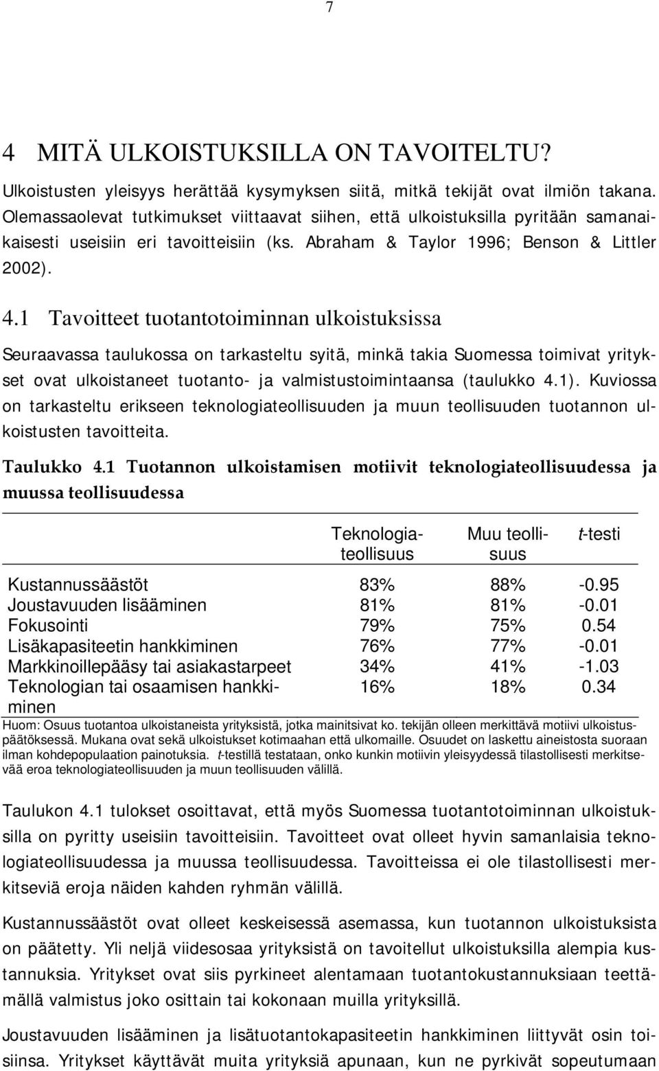 1 Tavoitteet tuotantotoiminnan ulkoistuksissa Seuraavassa taulukossa on tarkasteltu syitä, minkä takia Suomessa toimivat yritykset ovat ulkoistaneet tuotanto- ja valmistustoimintaansa (taulukko 4.1).