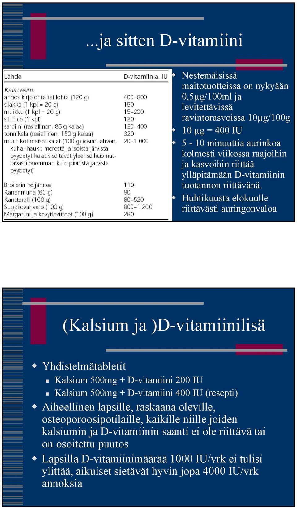 Huhtikuusta elokuulle riittävästi auringonvaloa (Kalsium ja )D-vitamiinilisä Yhdistelmätabletit Kalsium 500mg + D-vitamiini 200 IU Kalsium 500mg + D-vitamiini 400 IU (resepti)