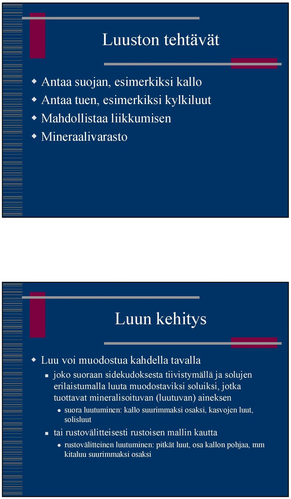 soluiksi, jotka tuottavat mineralisoituvan (luutuvan) aineksen suora luutuminen: kallo suurimmaksi osaksi, kasvojen luut, solisluut