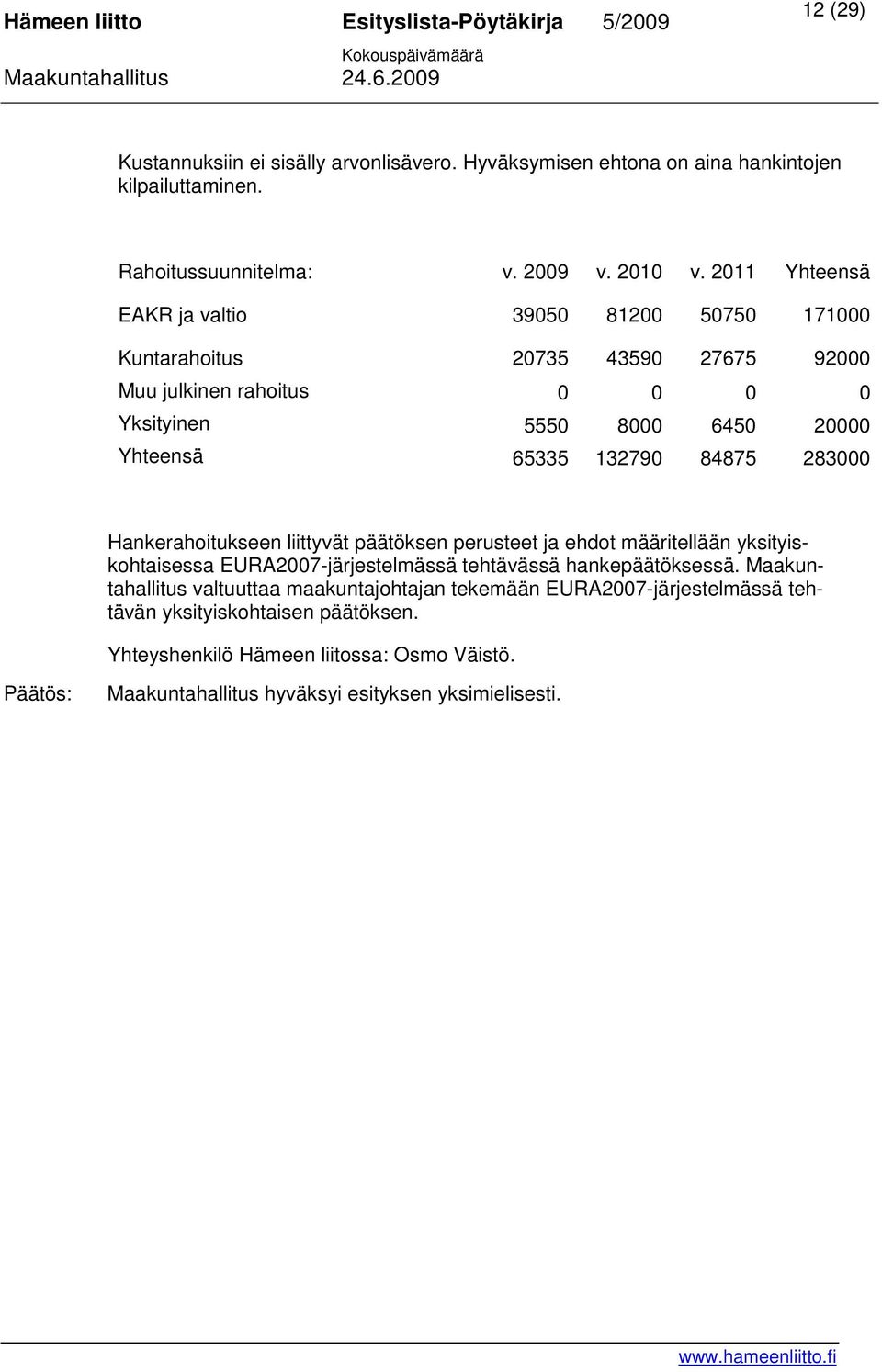 132790 84875 283000 Hankerahoitukseen liittyvät päätöksen perusteet ja ehdot määritellään yksityiskohtaisessa EURA2007-järjestelmässä tehtävässä hankepäätöksessä.