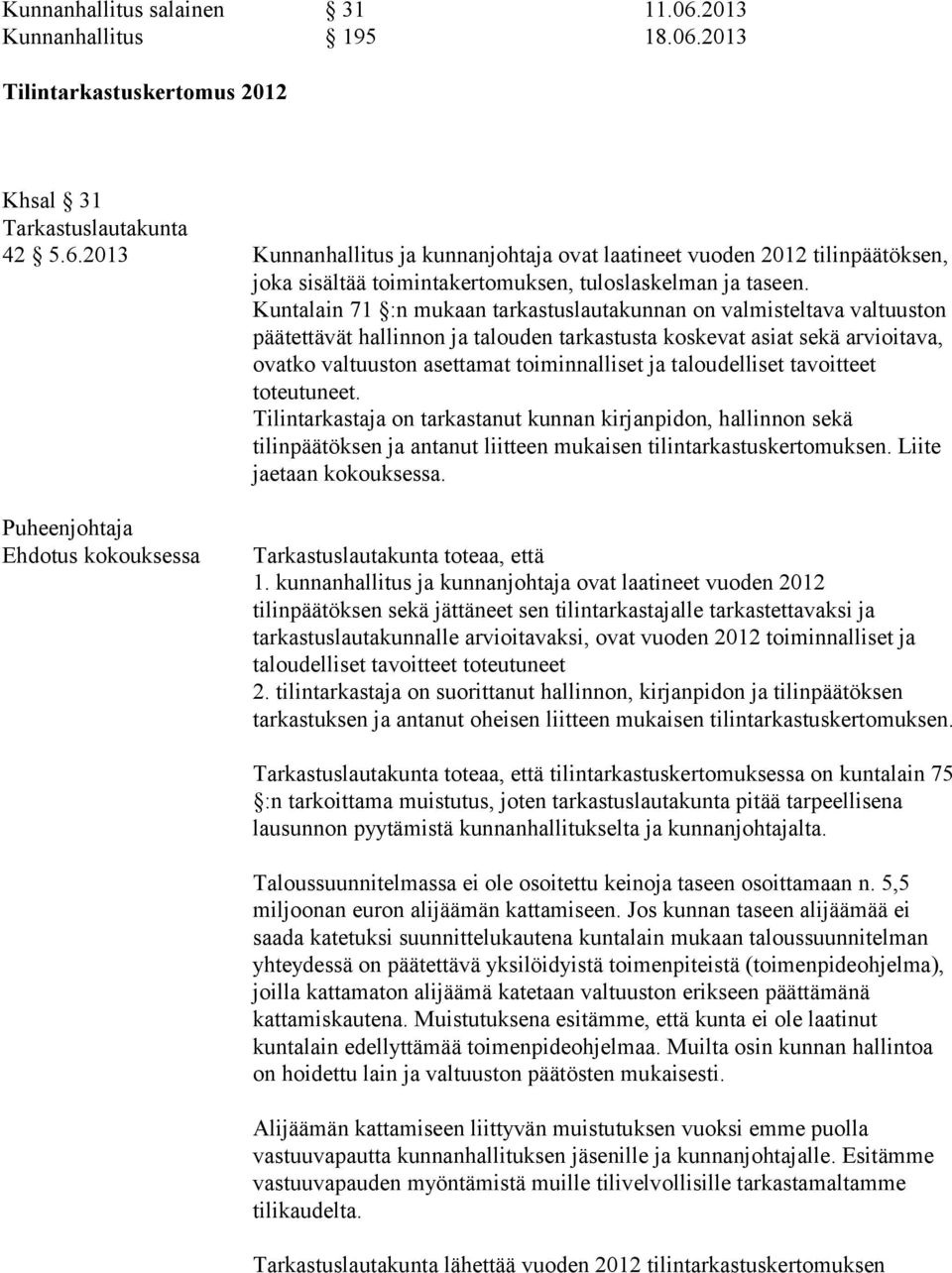 taloudelliset tavoitteet toteutuneet. Tilintarkastaja on tarkastanut kunnan kirjanpidon, hallinnon sekä tilinpäätöksen ja antanut liitteen mukaisen tilintarkastuskertomuksen.