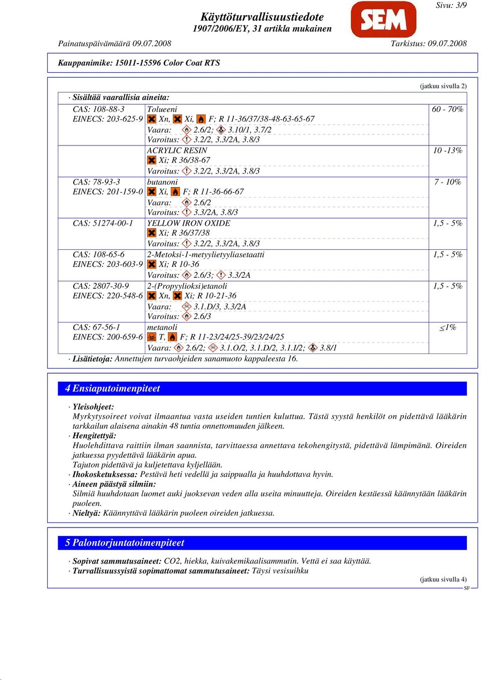 8/3 CAS: 78-93-3 EINECS: 201-159-0 CAS: 51274-00-1 CAS: 108-65-6 EINECS: 203-603-9 CAS: 2807-30-9 EINECS: 220-548-6 CAS: 67-56-1 EINECS: 200-659-6 butanoni Xi, F; R 11-36-66-67 Vaara: 2.
