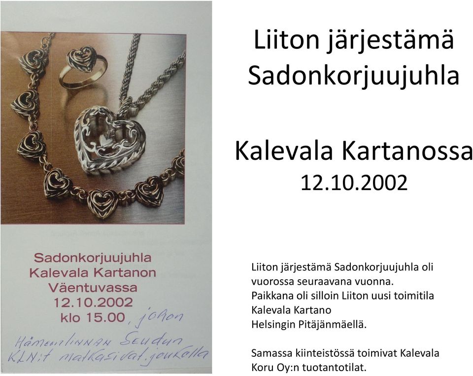 Paikkana oli silloin Liiton uusi toimitila Kalevala Kartano Helsingin