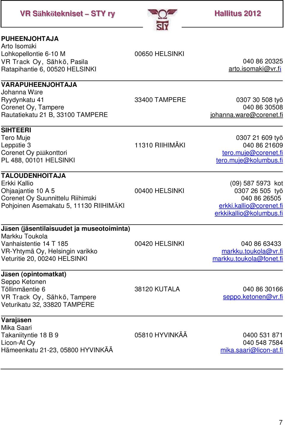 fi SIHTEERI Tero Muje Leppätie 3 Corenet Oy pääkonttori PL 488, 00101 HELSINKI TALOUDENHOITAJA Erkki Kallio Ohjaajantie 10 A 5 Corenet Oy Suunnittelu Riihimäki Pohjoinen Asemakatu 5, 11130 RIIHIMÄKI