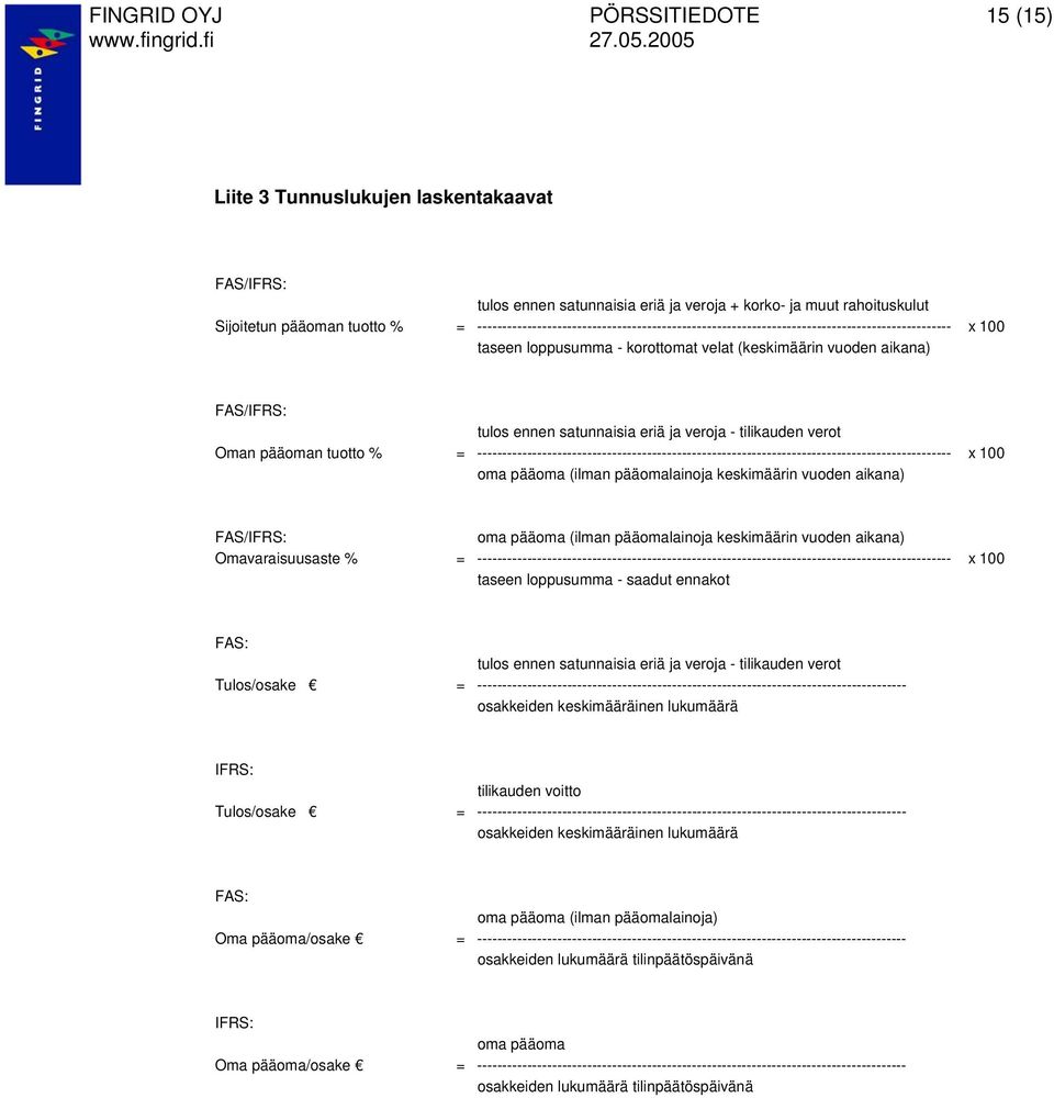 satunnaisia eriä ja veroja - tilikauden verot Oman pääoman tuotto % = ----------------------------------------------------------------------------------------------- x 100 oma pääoma (ilman