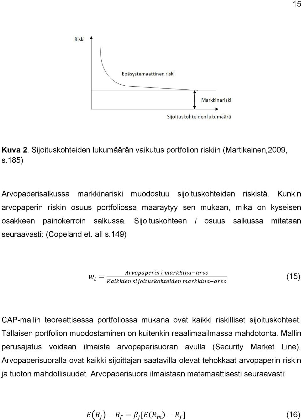 149) (15) CAP-mallin teoreettisessa portfoliossa mukana ovat kaikki riskilliset sijoituskohteet. Tällaisen portfolion muodostaminen on kuitenkin reaalimaailmassa mahdotonta.
