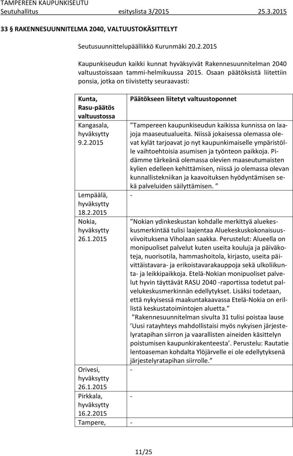 1.2015 Pirkkala, hyväksytty 16.2.2015 Tampere, - Päätökseen liitetyt valtuustoponnet Tampereen kaupunkiseudun kaikissa kunnissa on laajoja maaseutualueita.