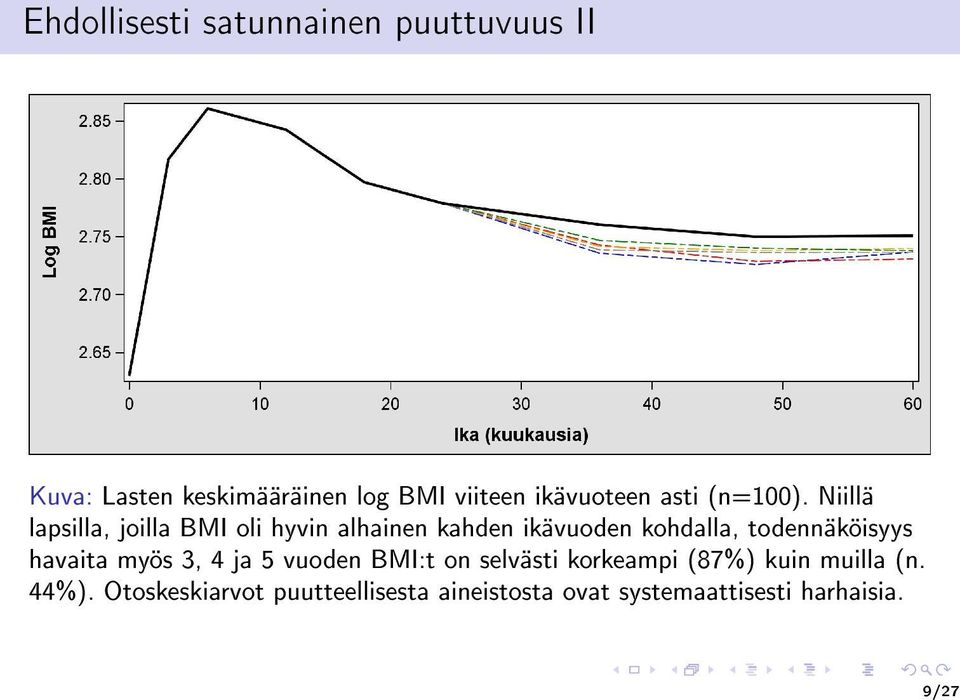 Niillä lapsilla, joilla BMI oli hyvin alhainen kahden ikävuoden kohdalla, todennäköisyys